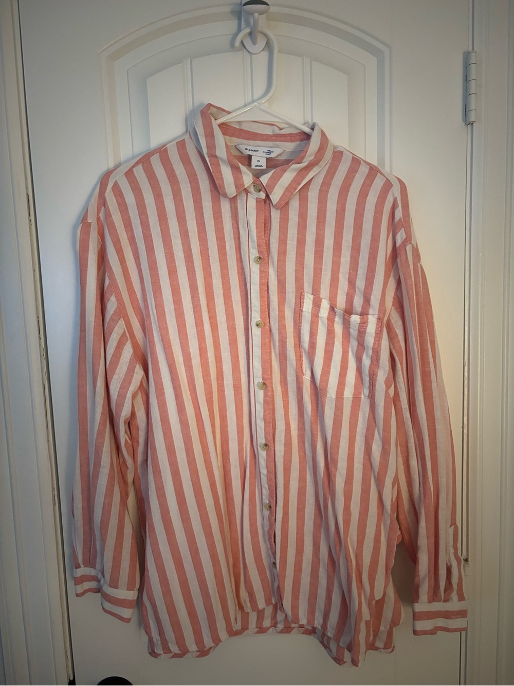 Old Navy Coral and White Vertical Stripe Button-Down Shirt